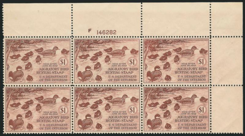 $1.00 1941 Hunting Permit (RW8).> Mint N.H. top right plate no. block of six, dark shade and sharp impression, usual light natural gum bends and small gum skips, Extremely Fine
