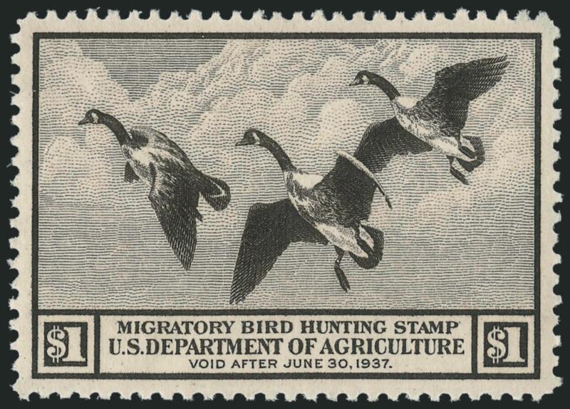 $1.00 1936 Hunting Permit (RW3).> Mint N.H., rich color and proof-like impression, perfectly centered with wide and balanced margins, Extremely Fine Gem, a superb stamp, ex Beverly Hills, with 2010 P.S.E.
certificate (Superb 98 SMQ $1,750.00), only