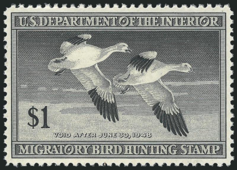 $1.00 1947 Hunting Permit (RW14).> Mint N.H., deep shade, perfectly centered, Extremely Fine Gem, with 2010 P.S.E. certificate (Superb 98 SMQ $500.00), only two have graded higher to date