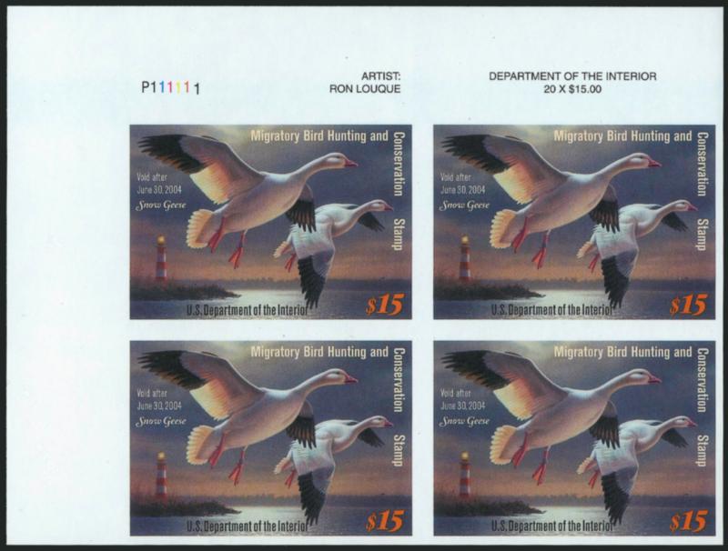 $15.00 2003 Hunting Permit, Imperforate (RW70b).> Mint N.H. top left corner plate no. P111111 block of four, large margins other sides<><>^EXTREMELY FINE. AN IMPORTANT HUNTING PERMIT RARITY .^<><>There are two
sheets of 20 known, each with four p