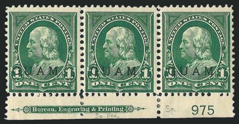 GUAM, 1900, 1c Green, Special Printing (1SP).> Bottom imprint and plate no. 975 strip of three, h.r. at left and in selvage, each with red Special Surcharge handstamp, bright color, center stamp tiny thin
speck<><>^FINE-VERY FINE APPEARANCE. A RA
