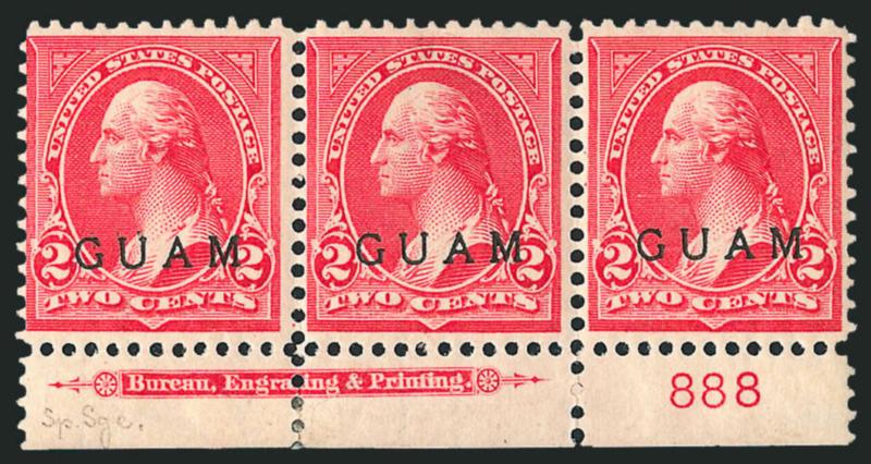 GUAM, 1900, 2c Light Red, Ty. IV, Special Printing (2SP).> Bottom imprint and plate no. 888 strip of three, original gum, center stamp faintly hinged, <end stamps Mint N.H.,> red Special Surcharge backstamps,
brilliant color, center selvage small t