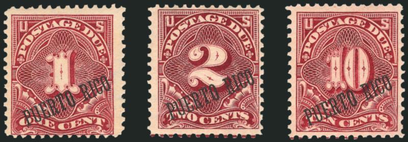 PHILIPPINES, 1900, 1c-10c Deep Claret, Postage Due, Special Printing (J1SP-J3SP).> Mint N.H., rich colors<><>^FINE-VERY FINE. A SCARCE COMPLETE SET OF THE 1900 POSTAGE DUE PUERTO RICO SPECIAL PRINTING. VERY
FEW ARE KNOWN.^<><>This issue was not