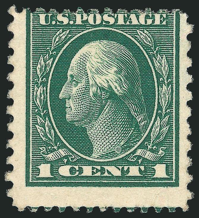 1c Green, Perf 12 x 10 (423A).> Large part original gum, perfs slightly in at top, rich color, small thin spot at right<><>^AN ATTRACTIVE EXAMPLE OF THIS RARE UNUSED STAMP. ONLY SEVENTEEN UNUSED EXAMPLES ARE
RECORDED .^<><>Our census of Scott 423