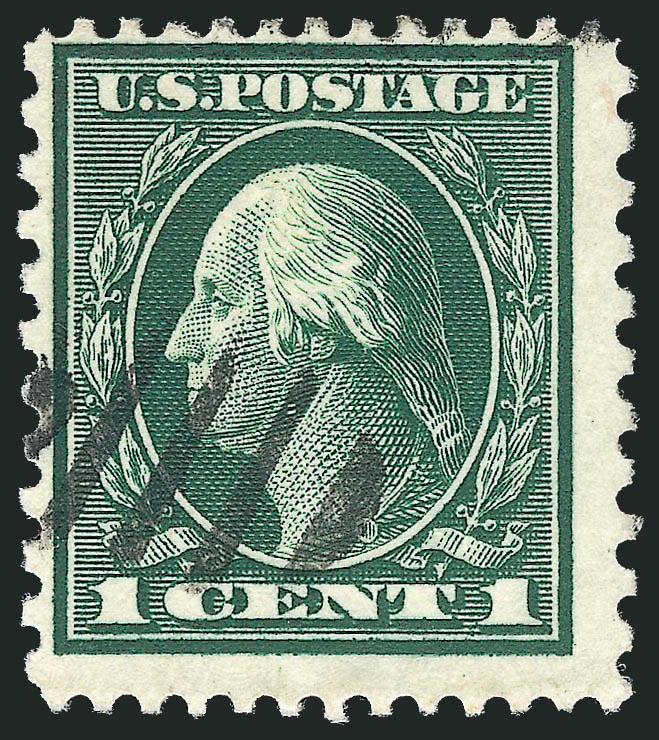 1c Green, Perf 12 x 10 (423A).> Unobtrusive part strike of duplex cancel, perfs completely clear all around<><>^FRESH AND FINE USED EXAMPLE OF THE 1914 ONE-CENT PERF 12 x 10 ISSUE. ONE OF ONLY FOURTEN USED
SINGLES WITH A POSTAL CANCEL.^<><>Our ce