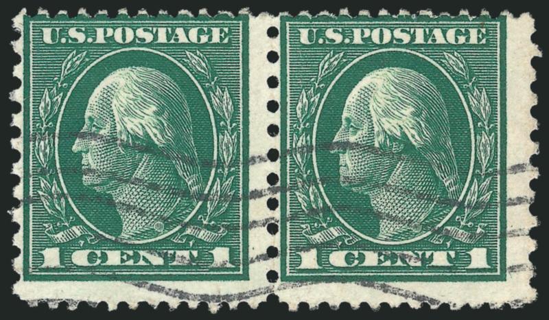 1c Green, Perf 12 x 10 (423A).> Horizontal pair, wavy-line machine cancel, deep shade, centered to top left, right stamp with light vertical crease visible in fluid<><>^FINE. AN ATTRACTIVE AND RARE USED PAIR
OF THE ONE-CENT 1914 COMPOUND PERF 12 x