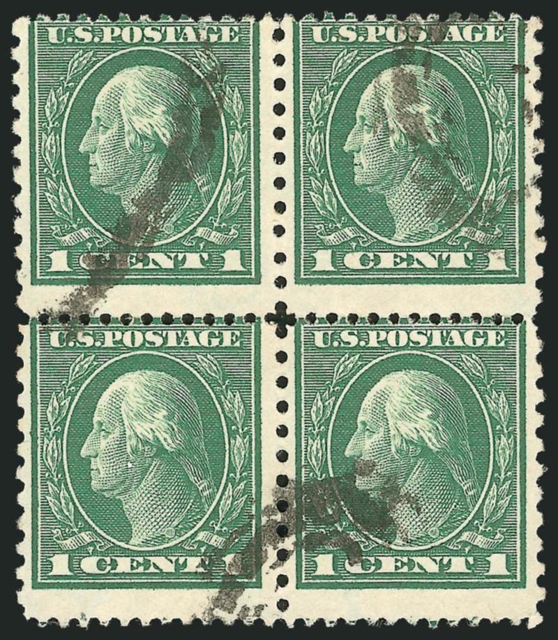 1c Green, Perf 12 x 10 (423A). Block of four,> rich color, centered to top, bold strikes of oval cancels<><>^VERY GOOD. THE ONLY RECORDED USED BLOCK AND ONE OF ONLY TWO RECORDED BLOCKS OF FOUR OF THE 1914
ONE-CENT PERF 12 x 10 ISSUE.^<><>Our cens