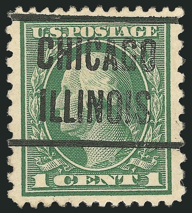 1c Green, Perf 12 x 10 (423A).> Deep rich color, bold Chicago Illinois precancel, exceptionally choice centering and wide margins<><>^EXTREMELY FINE GEM. A SUPERB USED EXAMPLE OF THE RARE 1914 ONE-CENT PERF 12
x 10 ISSUE.^<><>Our census of Scot