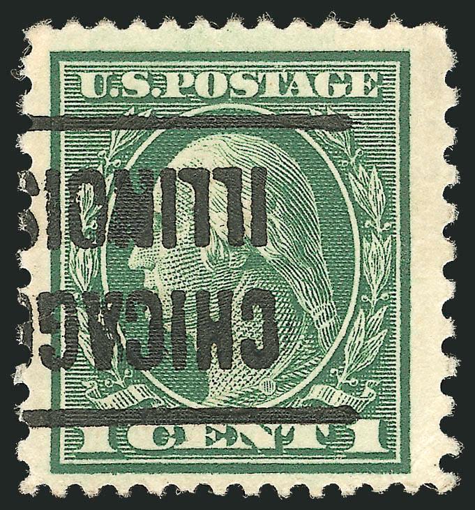 1c Green, Perf 12 x 10 (423A).> Deep rich color, bold Chicago Illinois precancel (inverted), choice centering and wide margins, barest trace of wrinkle at left inaccurately described on certificate as a light
diagonal crease<><>^EXTREMELY FINE