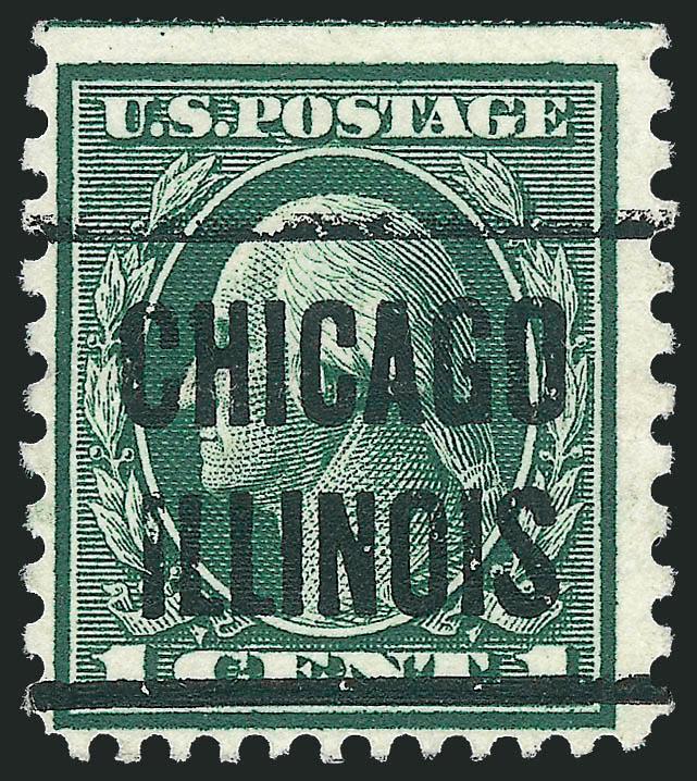 1c Green, Perf 12 x 10 (423A).> Chicago Illinois precancel, clear to wide margins, natural s.e. at top, light horizontal crease<><>^FINE APPEARING EXAMPLE OF THE 1914 ONE-CENT PERF 12 x 10 ISSUE.^<><>It is
interesting to note that this is one o