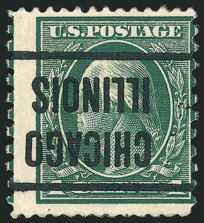 1c Green, Perf 12 x 10 (423A).> Chicago Illinois precancel applied inverted, centered to right but top and bottom margins ample to wide, Very Good, a fresh and sound example of this rarity, twelve singles and
two pairs are known with the inverted C