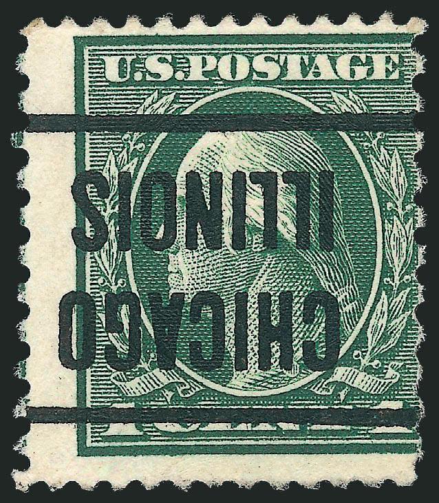 1c Green, Perf 12 x 10 (423A).> Chicago Illinois precancel applied inverted, perfs in at right, light diagonal creases, appears Very Good, twelve singles and two pairs are known with the inverted Chicago
precancel, Census No. 423A-CAN-09, with 1997