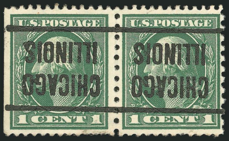 1c Green, Perf 12 x 10 (424a).> Horizontal pair, deep rich color, choice centering, natural s.e. at left, bold Chicago Illinois precancel applied inverted, left stamp few short perfs at bottom, right stamp
vertical paper wrinkle<><>^VERY FINE APP