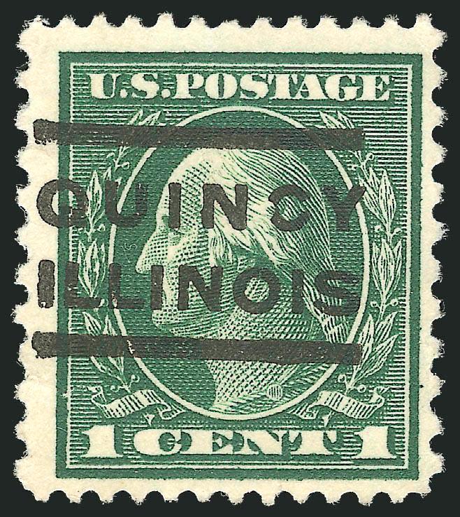 1c Green, Perf 12 x 10 (423A).> Deep rich color on bright white paper, bold Quincy Illinois precancel, well-centered, small tear at left<><>^VERY FINE APPEARANCE. ONLY FOUR EXAMPLES OF THE 1914 ONE-CENT PERF
12 x 10 ARE KNOWN WITH THE QUINCY ILLI
