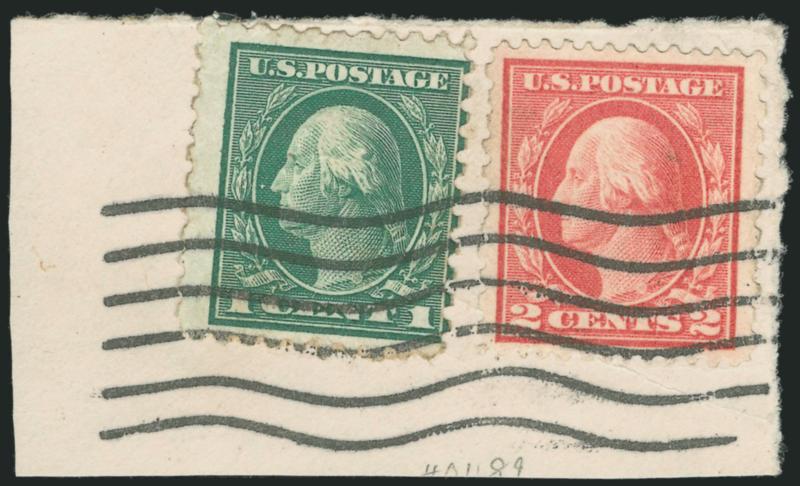 2c Rose Red, Ty. I, Perf 12 x 10 (423B).> Used with 1c Green (424) and tied by neat wavy-line machine cancel on piece, fresh and bright color, well-centered, piece with light crease not affecting stamps (not
mentioned on accompanying certificate)<><