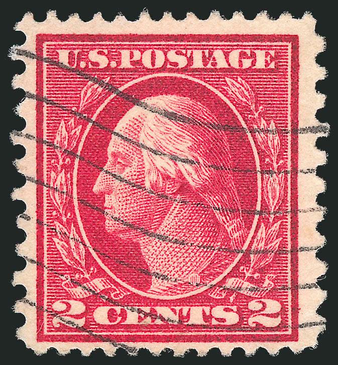 2c Rose Red, Ty. I, Perf 12 x 10 (423B).> Vivid shade and intense impression, unusually choice centering, light wavy-line machine cancel<><>^VERY FINE AND CHOICE. A BEAUTIFUL EXAMPLE OF THE 1914 2-CENT PERF 12
x 10 ISSUE. ONLY 31 USED COPIES ARE RE