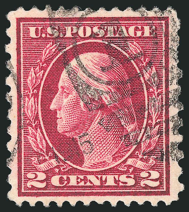 2c Rose Red, Ty. I, Perf 12 x 10 (423B).> Rich color with beautiful centering, neat duplex cancel, couple shortish perfs at upper right largely obscured by the cancel<><>^EXTREMELY FINE APPEARANCE. A LOVELY
WELL-CENTERED EXAMPLE OF THE 1914 2-CENT