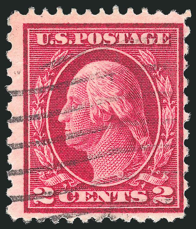 2c Rose Red, Ty. I, Perf 12 x 10 (423B).> Deep rich color, light wavy-line cancel, centered to right but perfs just clear<><>^FRESH AND FINE EXAMPLE OF THE 1914 2-CENT PERF 12 x 10 ISSUE.^<><>Our census of
Scott 423B, available at http:www.sieg