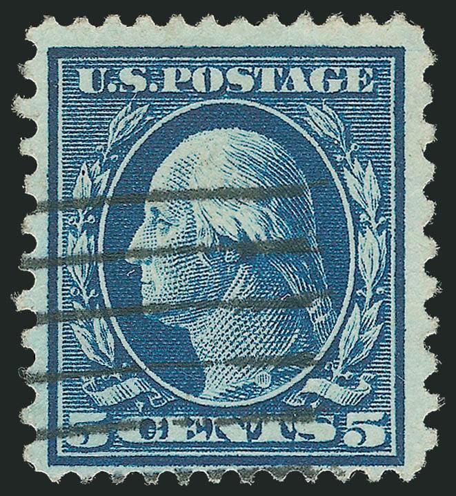 5c Blue, Perf 12 x 10 (423C).> Rich color, wide margins, bold strike of machine cancel<><>^VERY FINE AND CHOICE EXAMPLE OF THE 1914 5-CENT PERF 12 x 10 ISSUE. ONLY SEVEN SOUND WELL-CENTERED EXAMPLES ARE
RECORDED.^<><>Our census of Scott 423C, ava
