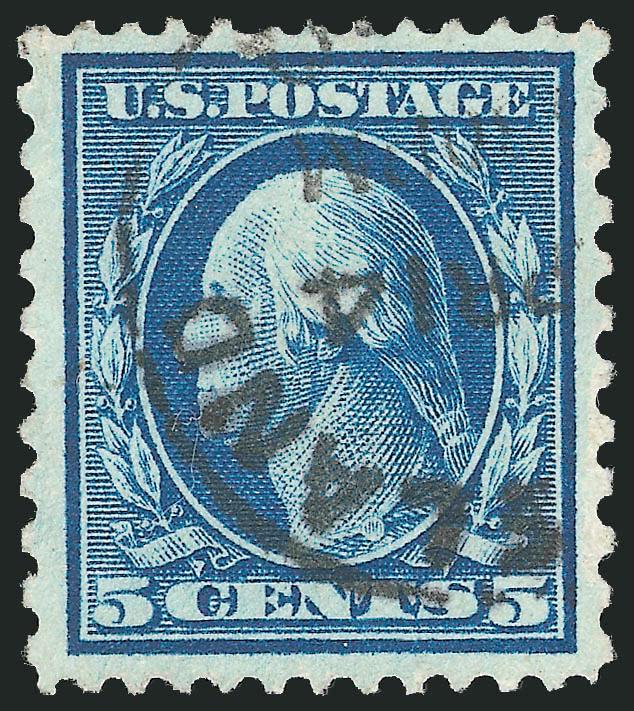 5c Blue, Perf 12 x 10 (423C).> Almost perfectly centered with well-balanced margins, deep rich color, neat strike of <Cleveland O. Apr. 14 (1915)> circular datestamp, single pulled perf at top, faint crease at
bottom<><>^EXTREMELY FINE APPEARANCE.