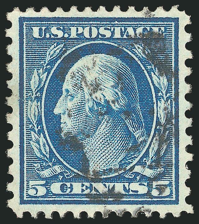 5c Blue, Perf 12 x 10 (423C).> Almost perfectly centered, deep rich color on bright paper, duplex cancel, small tear at left, light vertical crease at bottom<><>^EXTREMELY FINE APPEARING EXAMPLE OF THE 1914
5-CENT PERF 12 x 10 ISSUE. ONE OF THE BES