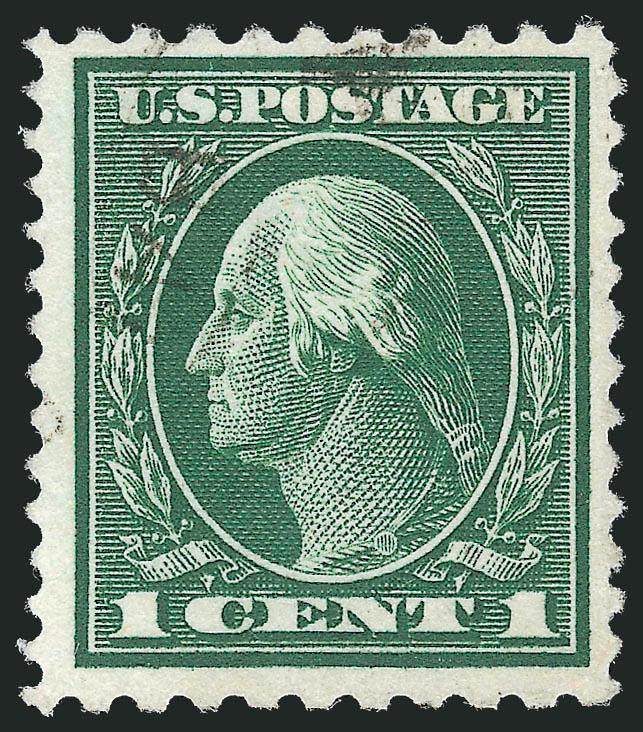 1c Green, Perf 10 x 12 (423D).> Well-centered with deep rich color, light partial circular datestamp in top left corner<><>^VERY FINE AND CHOICE. ONE OF ONLY FOUR EXAMPLES OF THE 1914 ONE-CENT PERF 10 x 12
COMPOUND PERFORATION WITH A REGULAR POSTAL
