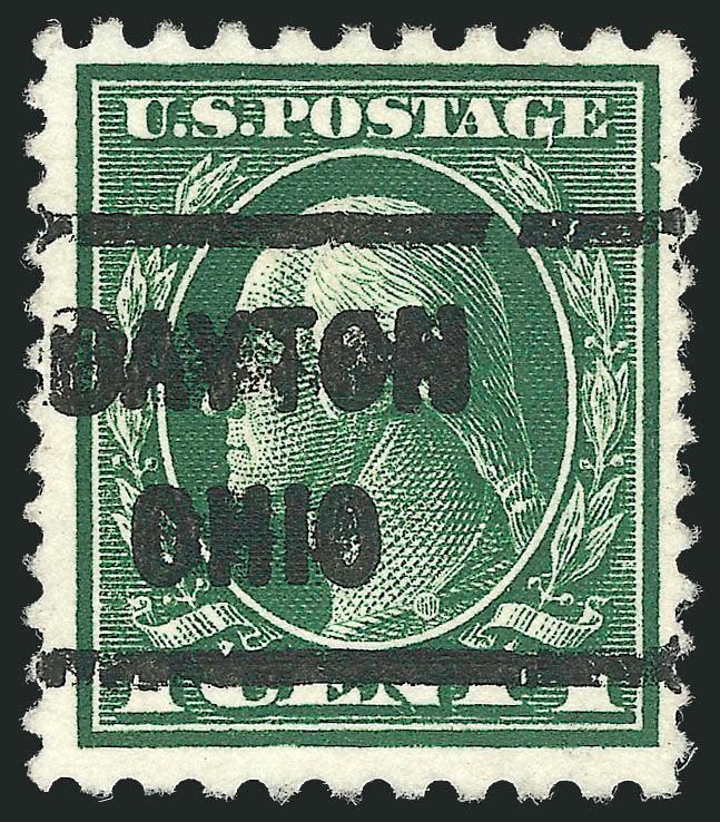 1c Green, Perf 10 x 12 (423D).> Deep rich color on bright white paper, neat Dayton Ohio precancel<><>^VERY FINE AND CHOICE EXAMPLE OF THE RARE 1914 ONE-CENT PERF 10 x 12 ISSUE.^<><>Our census of Scott 423D,
available at http:www.siegelauction