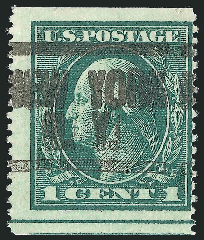 1c Green, Boy Scout Private Coil, Perforated 14 Vertically (481 var).> Rich color, bold New York N.Y. precancel, faint horizontal creases, Fine appearance, very rare, these privately perforated coils were
produced for use on mailings by the Boy Sco