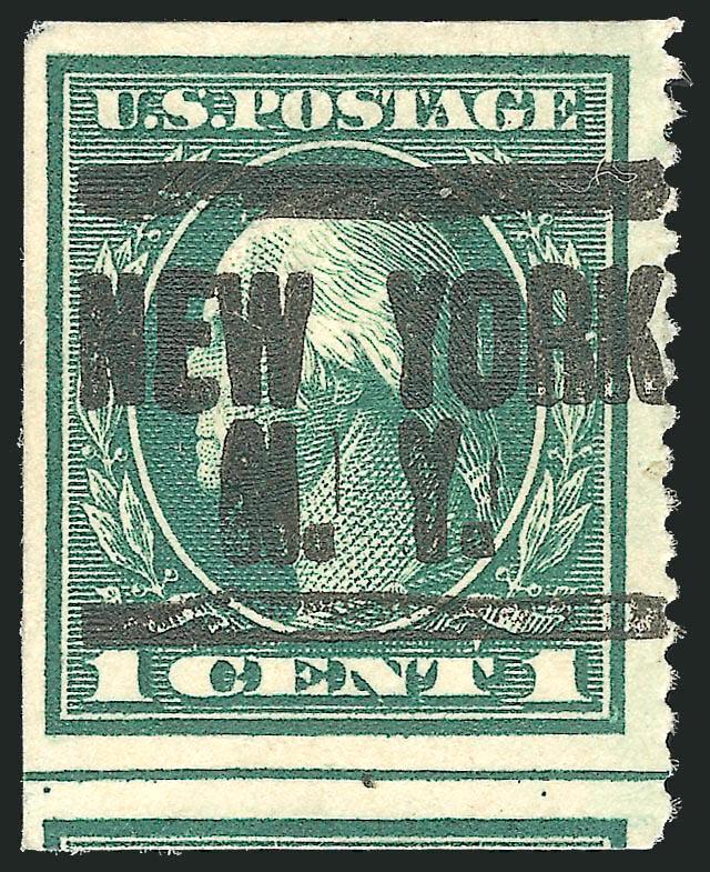 1c Green, Boy Scout Private Coil, Perforated 14 Vertically (481 var).> Bold New York N.Y. precancel, s.e. at left (end of the coil), couple small thin spots, Fine appearing and very rare, these privately
perforated coils were produced for use on ma