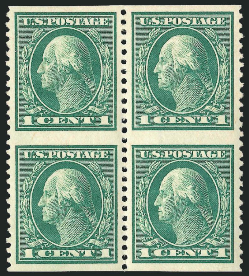1c Green, Vertical Pair, Imperforate Horizontally (498a).> Block of four consisting of two pairs of the error, brilliant color, wide and balanced margins<><>EXTREMELY FINE GEM. A RARE AND CHOICE BLOCK OF THE
ONE-CENT PERF 11 IMPERFORATE HORIZONTALL