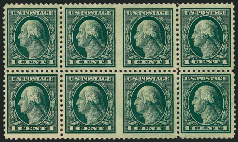 1c Green, Horizontal Pair, Imperforate Between (498b).> Block of eight, two center pairs show the error of perforation, bottom stamps Mint N.H., top stamps lightly hinged, rich color, the errors are
well-centered<><>^VERY FINE. AN IMPRESSIVE MULTIP