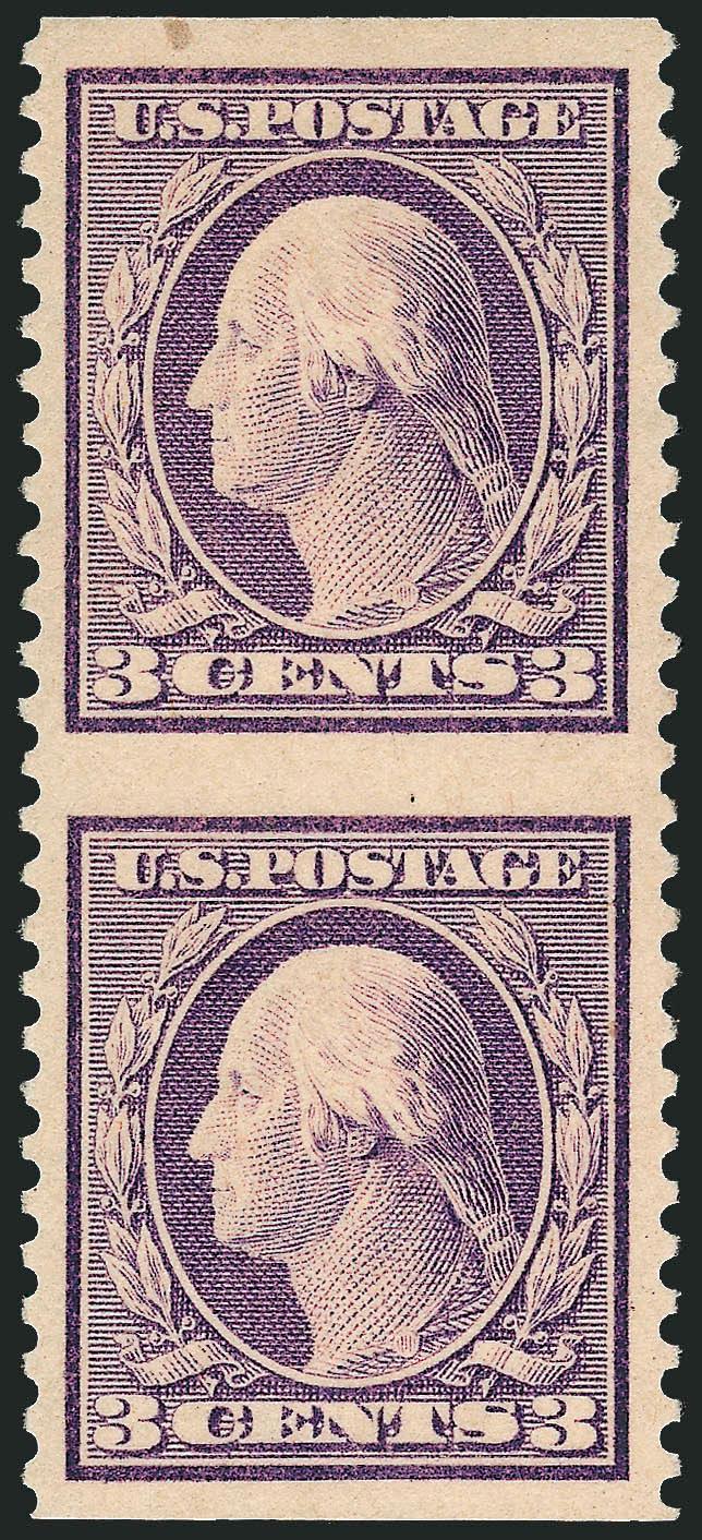 3c Light Violet, Ty. I, Vertical Pair, Imperforate Horizontally (501c).> Brilliant color, bottom stamp Mint N.H., unusually choice centering with wide margins at top and bottom, trivial natural inclusion at
top<><>^EXTREMELY FINE. AN EXCEEDINGLY RA