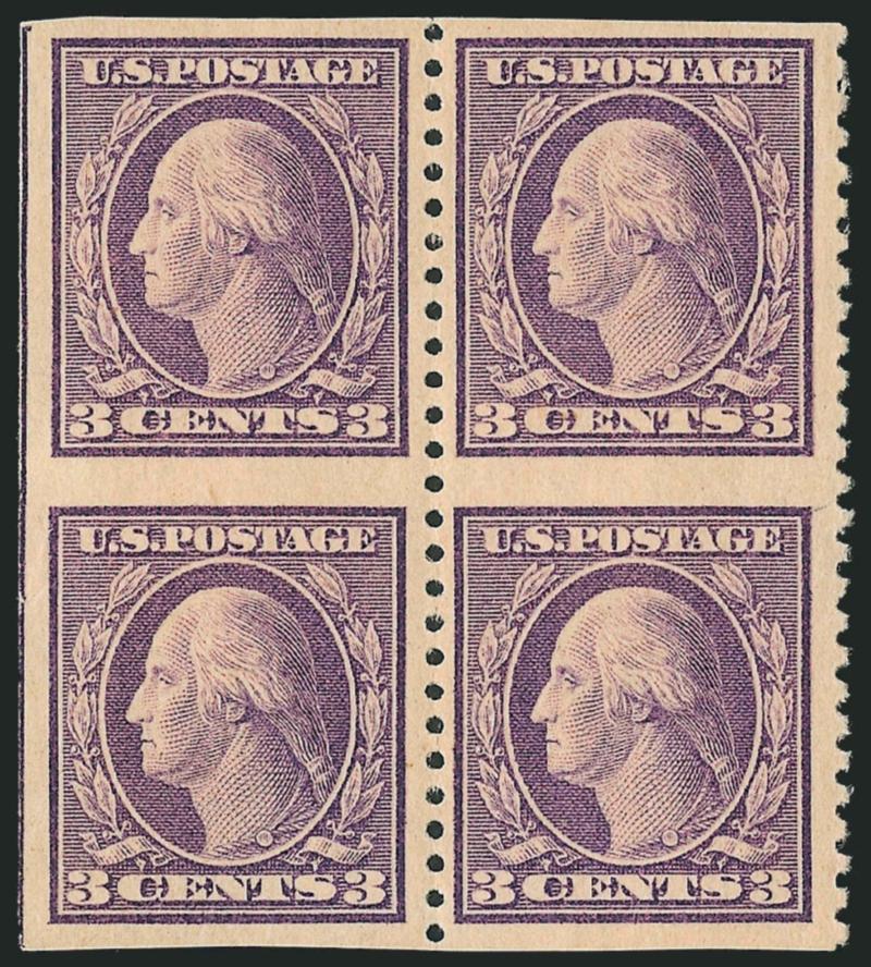 3c Dark Violet, Ty. II, Vertical Pair, Imperforate Horizontally (502c).> Two pairs in a block of four, natural s.e. and part of guide line at left, top right stamp small h.r., others lightly hinged, rich color
and choice centering, light creases at l