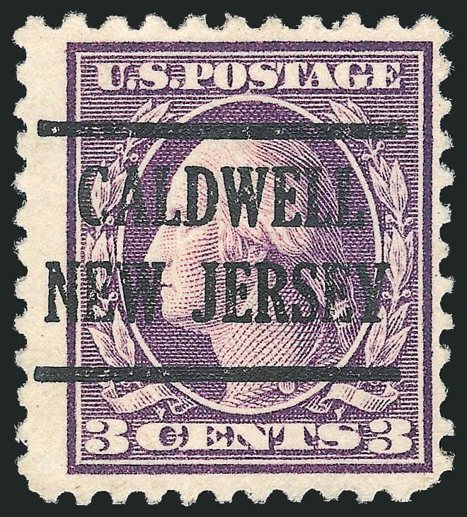 3c Dark Violet, Ty. II, Perf 10 at Top (502e).> Bright color on fresh paper, bold Caldwell New Jersey precancel, wide margins to clear<><>^VERY FINE. AN EXCEEDINGLY RARE EXAMPLE OF THE 1917 3-CENT PERF 10 AT
TOP. WE RECORD ONLY SEVEN IN OUR CENSU