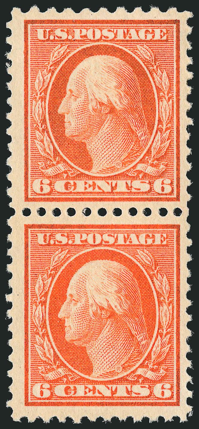 6c Red Orange, Perf 10 at Top (506a).> Vertical pair, the top stamp Perf 10 at top, bottom stamp normal Perf 11 all around, small h.r., bright color, wide margins<><>^VERY FINE AND CHOICE. AN INCREDIBLY RARE
ORIGINAL-GUM EXAMPLE OF THE 6-CENT 1917