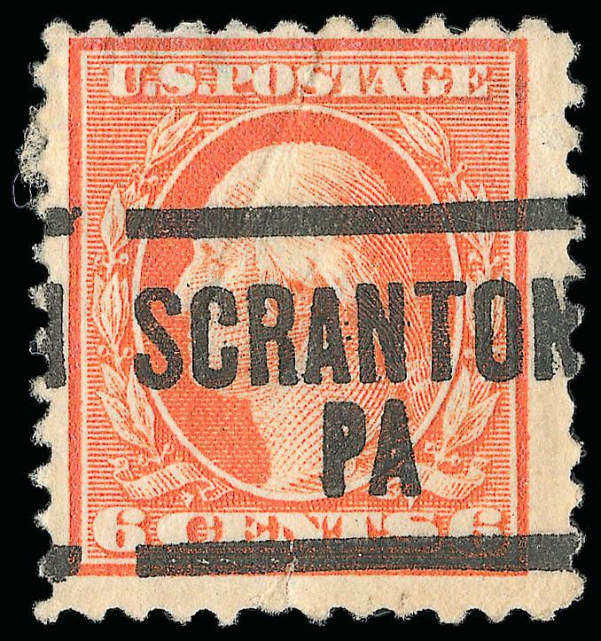 6c Red Orange, Perf 10 at Top (506a).> Radiant color, neat Scranton Pa. precancel, few creases, small tear at bottom<><>^FINE CENTERING. AN ATTRACTIVE WIDE-MARGINED EXAMPLE OF 6-CENT 1917 ISSUE PERF 10 AT
BOTTOM.^<><>Two other examples are know