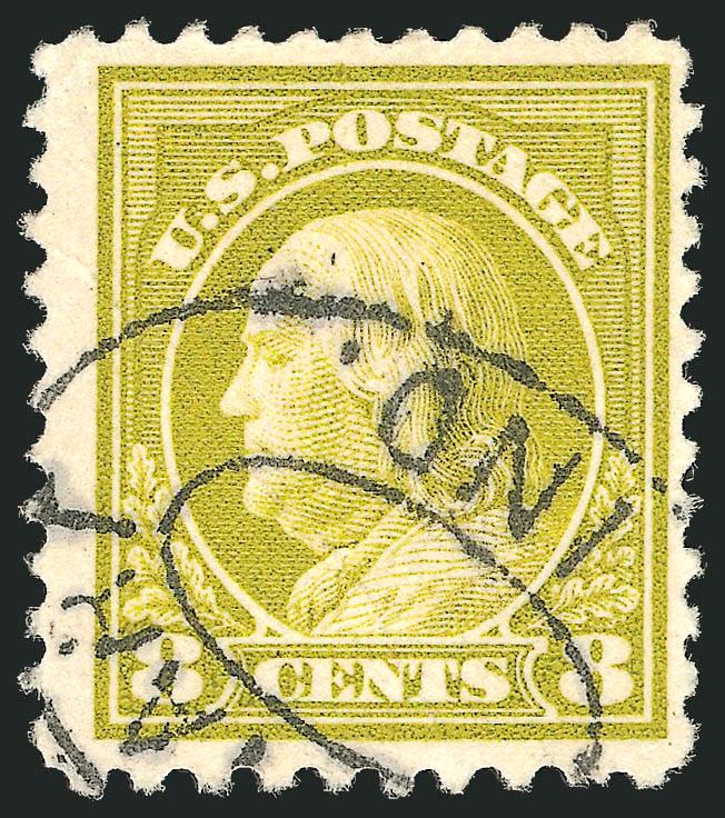 8c Olive Bister, Perf 10 at Bottom (508c).> Brilliant color, neat strike of Ind. oval cancel, diagonal crease<><>^VERY FINE APPEARANCE. AN ATTRACTIVE AND RARE EXAMPLE OF THE THE 8-CENT 1917 ISSUE PERF 10 AT
BOTTOM.^<><>Of the 18 examples we recor
