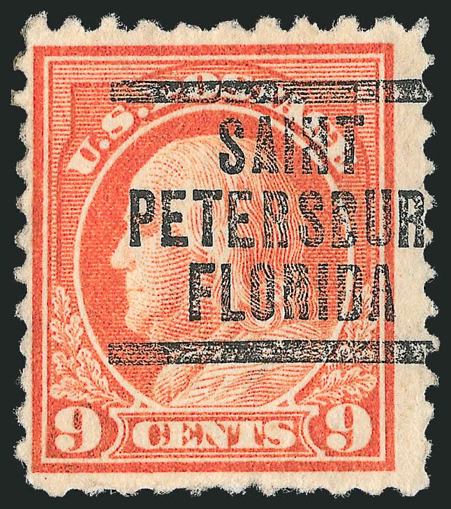 9c Salmon Red, Perf 10 at Top (509a).> Vibrant color, bold Saint Petersburg Florida precancel, few perf flaws at bottom and faint crease visible only in fluid<><>^FINE APPEARING EXAMPLE OF THE RARE 9-CENT 1917
ISSUE PERF 10 AT TOP.^<><>We recor