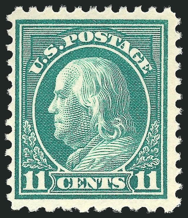 11c Light Green, Perf 10 at Bottom (511a).> Mint N.H., rich color, three wide margins<><>^VERY FINE. A RARE MINT NEVER-HINGED EXAMPLE OF THE 1917 11-CENT PERF 10 AT BOTTOM.^<><>With 2001 P.F.
certificate