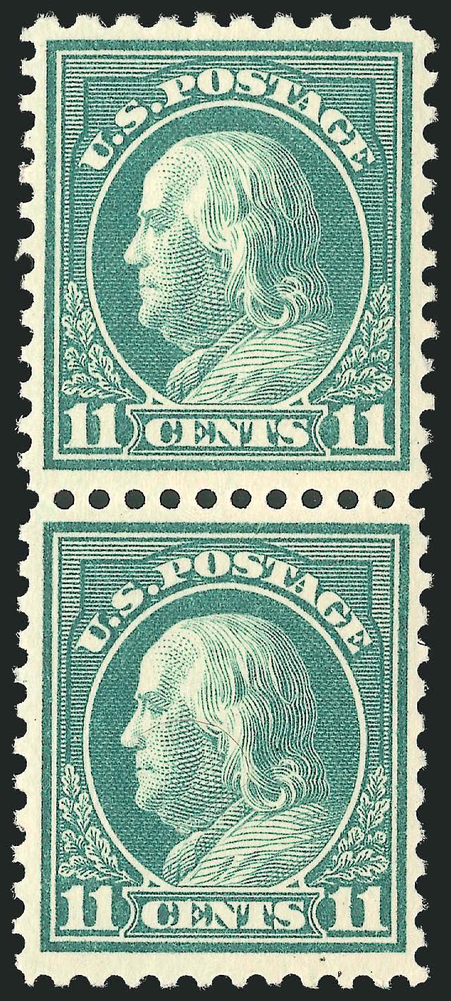 11c Light Green, Perf 10 at Top (511a).> Top stamp in vertical pair the variety, bottom stamp normal Perf 11, choice centering, rich color<><>^EXTREMELY FINE EXAMPLE OF THE 1917 11-CENT PERF 10 AT TOP
VARIETY.^<><>With 1994 P.F. certificate as pa