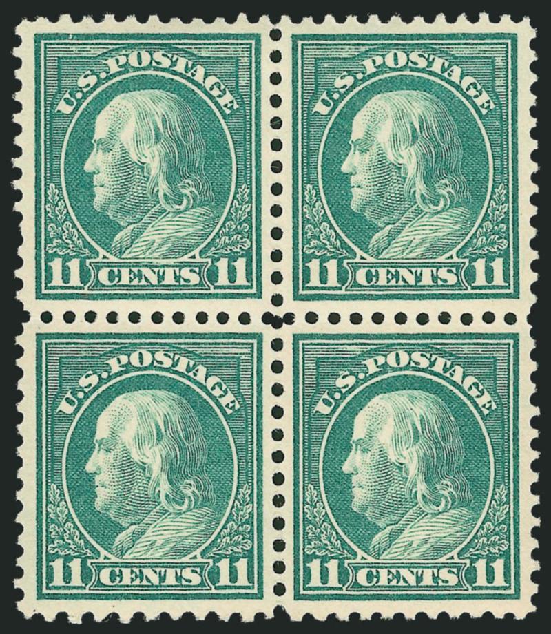 11c Light Green, Perf 10 at Bottom (511a).> Bottom left stamp Perf 10 at bottom in block of four, other three stamps Perf 11, <No. 511a Mint N.H.>, other three stamps lightly hinged, bright color, choice
centering<><>^EXTREMELY FINE. A SUPERB MINT