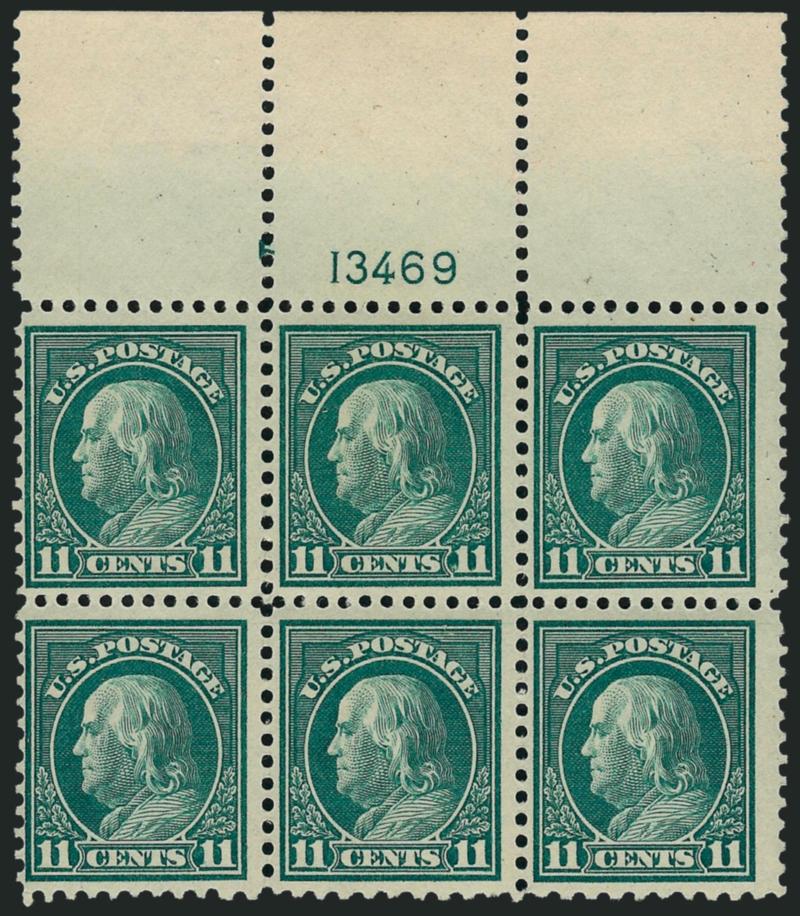 11c Light Green, Perf 10 at Bottom (511a).> Top plate no. 13469 block of six, <bottom left stamp with transitional 1110 gauge perforations at bottom, bottom center stamp also has transitional perfs, bottom
right Perf 10,> bottom center stamp lightly