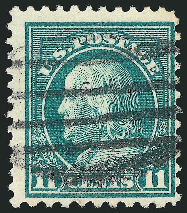 11c Light Green, Perf 10 at Bottom (511a).> Deep color, centered to right but perfs just clear, bold machine cancel, tiny perf tip crease visible only in fluid<><>^FINE APPEARING USED EXAMPLE OF THE 1917
11-CENT PERF 10 AT BOTTOM. SCARCE WITHOUT A