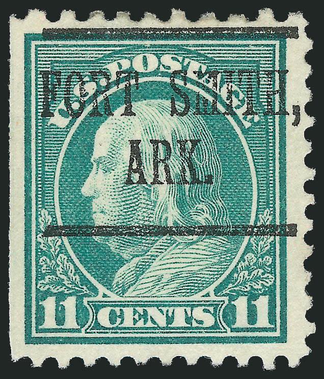 11c Light Green, Perf 10 at Top (511a).> Brilliant color, neat Fort Smith Ark. precancel, s.e. at left<><>^VERY FINE AND CHOICE SOUND EXAMPLE OF 11-CENT 1917 ISSUE PERF 10 AT TOP.^<><>With 1974 and 2006 P.F.
certificates