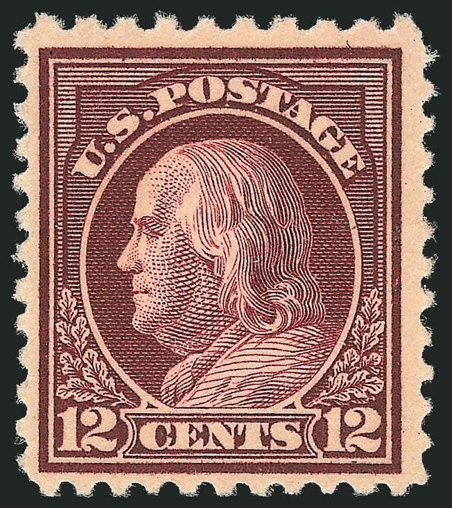 12c Claret Brown, Perf 10 at Top (512b).> Mint N.H. with a light fingerprint on the gum, deep rich color, centered slightly to bottom left as are all four known unused examples<><>^VERY FINE. AN EXCEPTIONALLY
RARE MINT NEVER-HINGED EXAMPLE OF THE 1