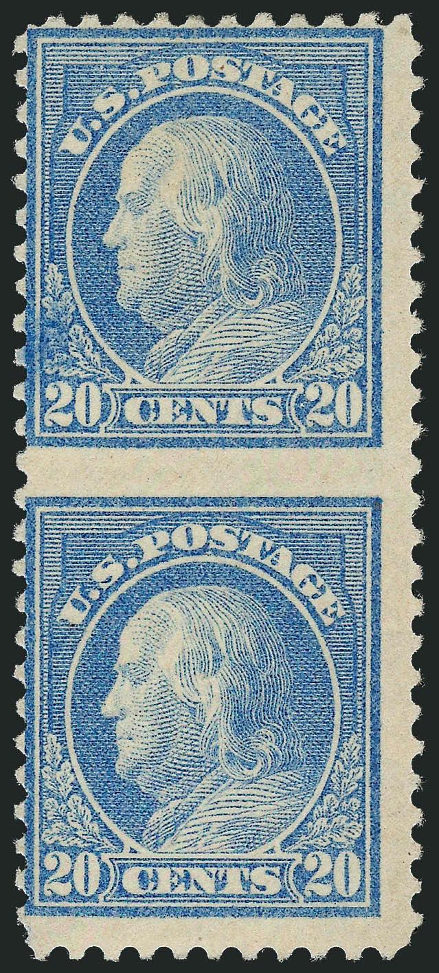 20c Light Ultramarine, Vertical Pair, Imperforate Between (515b).> Brilliant color, centered to left as are all known unused examples<><>^FRESH AND FINE. AN EXCEEDINGLY RARE WASHINGTON-FRANKLIN PERFORATION
ERROR AND ALWAYS FOUND WITH FINE CENTERING