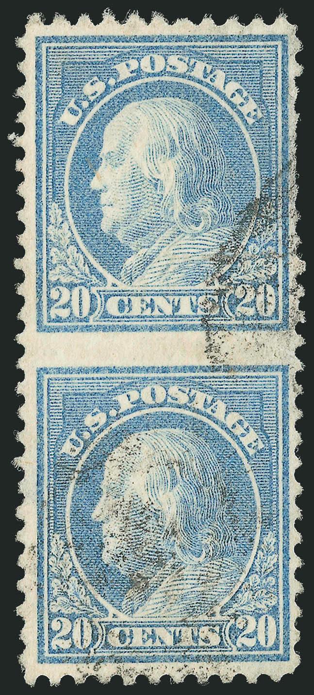 20c Light Ultramarine, Vertical Pair, Imperforate Between (515b).> Bright color, light cancel, unusually well-centered, small faults<><>^FINE APPEARANCE. AN EXTREMELY RARE USED EXAMPLE OF THE 1917 20-CENT
IMPERFORATE BETWEEN.^<><>Despite the high
