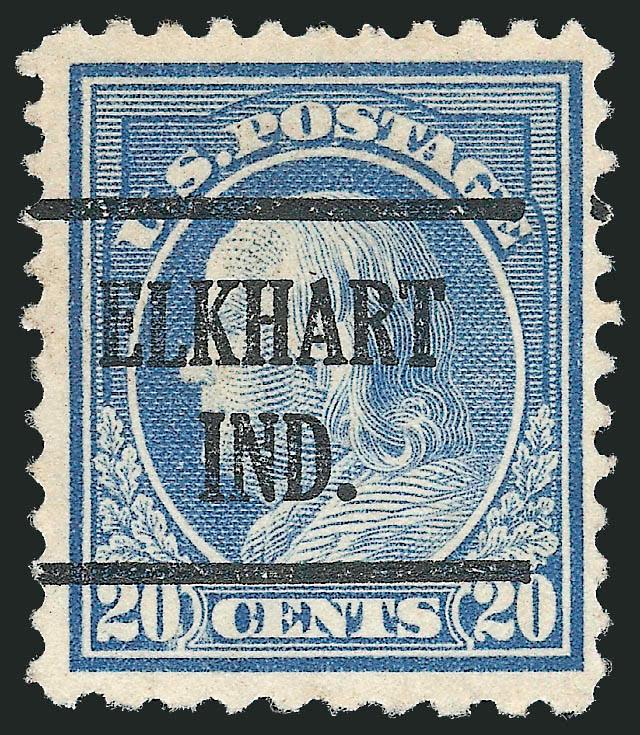 20c Light Ultramarine, Perf 10 at Bottom (515d).> Rich color, nicely centered, neat Elkhart Ind. precancel, completely sound<><>^VERY FINE. A RARE AND DESIRABLE SOUND EXAMPLE OF THE 1917 20-CENT PERF 10 AT
BOTTOM.^<><>Our census of Scott 515d,
