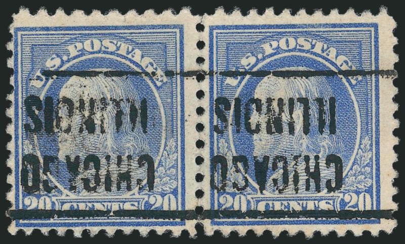 20c Light Ultramarine, Perf 10 at Top (515d).> Horizontal pair, left stamp Perf 10 at top, right stamp normal Perf 11, Chicago Illinois precancel applied inverted<><>^FINE. AN EXTREMELY RARE PAIR OF THE 1917
20-CENT FRANKLIN WITH ONE STAMP PERF 1