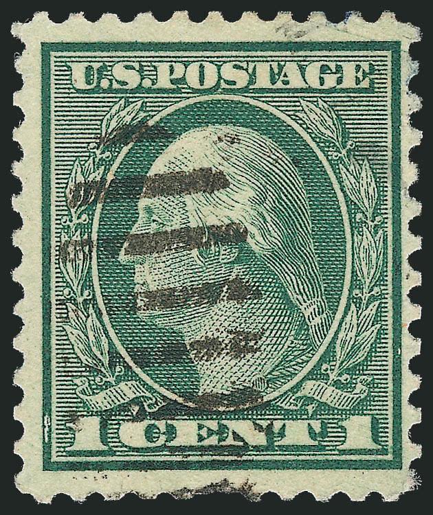 1c Green, Rotary Perf 11 (544).> Choice centering for this difficult issue with three unusually wide margins, rich color, neat strike of duplex cancel which partly masks a pulled perf at bottom<><>^VERY FINE
APPEARING EXAMPLE OF THE RARE 1922 ONE-C